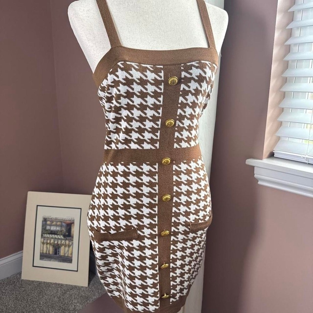 Coco & Shay viscose blend Brown & white houndstooth fitted dress Size M Bodycon